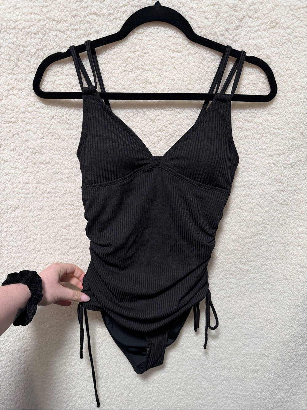 Women’s Black Ribbed One-Piece Swimsuit with Adjustable Side Ties Size Small NEW - Picture 1 of 10